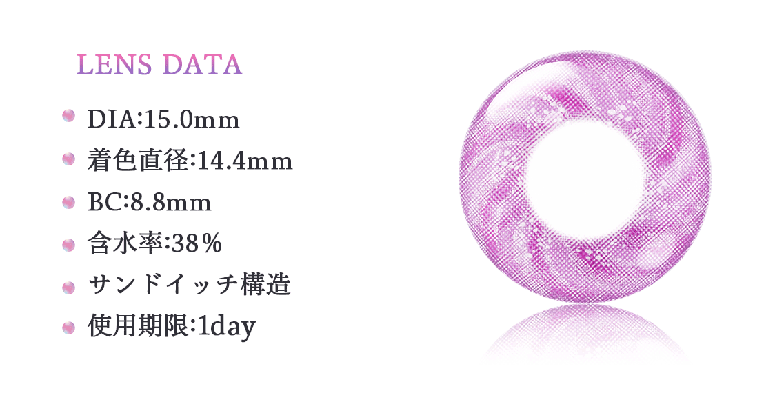 ★LENS DATA / DIA:15.0mm / 着色直径:14.4mm / BC:8.8mm / 含水率:38％ / サンドイッチ構造 / 使用期限:1day